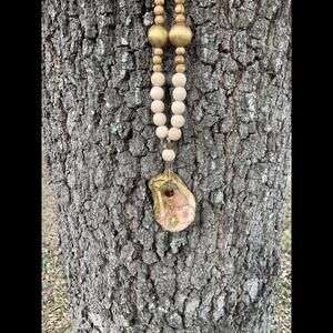Gold Painted Oyster Shell Necklace With Japanese Floral Fabric And Wood Beads